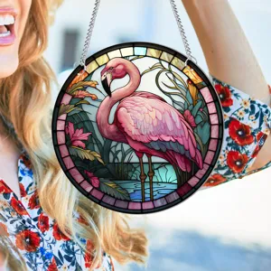 Stained glass flamingo hanging ornament, colorful round wall decor for home room window.