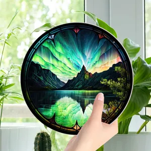 Stained glass style aurora mountain circular wall hanging decor art piece for home decoration
