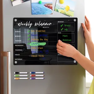 Clear acrylic magnetic weekly planner board for refrigerator with colorful markers.