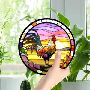 Detailed view of a colorful stained glass rooster hanging wall art, showing vibrant texture.