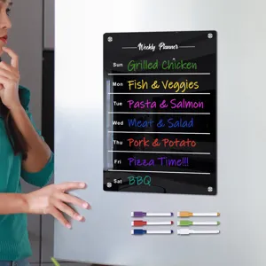Transparent acrylic magnetic weekly planner board for refrigerator kitchen memo display.