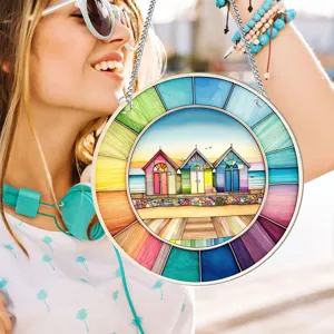 Colorful Beach Huts Hanging Wall Decor Rainbow Round Art Ornament for Home Interior