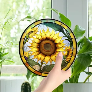 Stained glass sunflower wall hanging detail, vibrant floral decor piece for home interior styling.