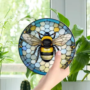 Stained glass style bee hanging wall decor, colorful honeycomb art piece for home interior design.