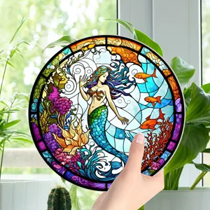 Mermaid stained glass style round wall hanging decor, colorful ocean art piece for home.