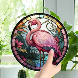Detailed view of the colorful flamingo stained glass round wall hanging home decoration art.