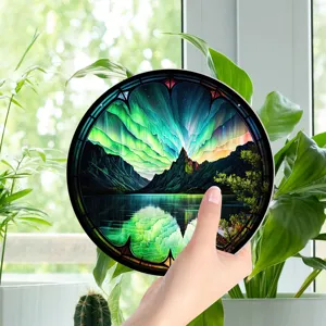 Detail view of the colorful aurora borealis round wall hanging decor displayed in a room.