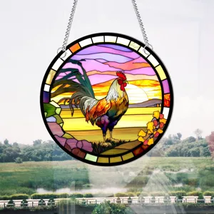 Stained glass rooster hanging decoration, colorful sunset background window panel for home.