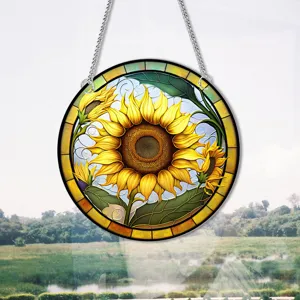 Stained glass sunflower hanging decoration detail showing vibrant floral patterns and chain.