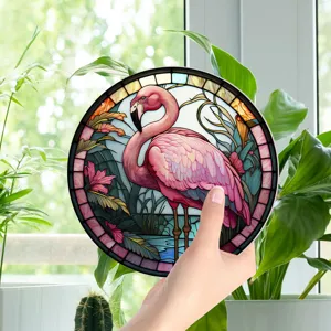 Detailed view of the colorful flamingo stained glass hanging wall art, showing vibrant colors.