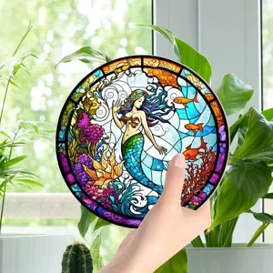 Stained glass mermaid wall hanging decor, colorful ocean coral artwork for home wall decoration.