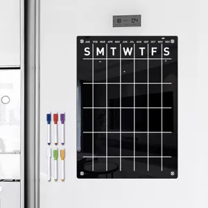 Acrylic magnetic weekly calendar board detail view, showing clean layout and included markers.