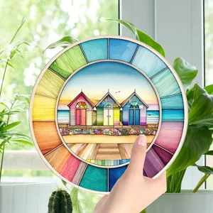 Colorful seaside hut round wall hanging decor, vibrant rainbow suncatcher art ornament.