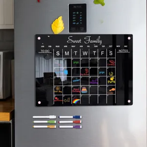 Clear acrylic magnetic weekly calendar fridge dry erase board with colorful markers for home.