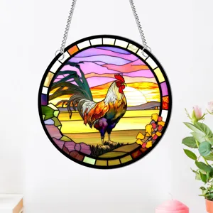 Detailed view of the round stained glass rooster hanging decoration with vibrant sunset art.