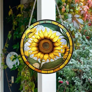 Sunflower stained glass hanging decoration close-up, vibrant floral art piece for room and garden.