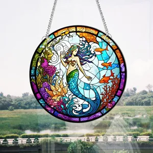 Stained glass mermaid hanging decoration colorful wall art home window decor pendant