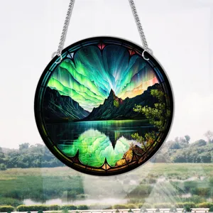 Stunning round aurora and mountain landscape stained glass style home hanging wall decor