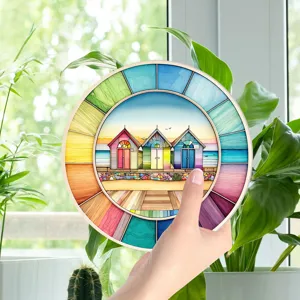 Colorful beach hut circular wall hanging home decor art piece with vibrant rainbow frame.