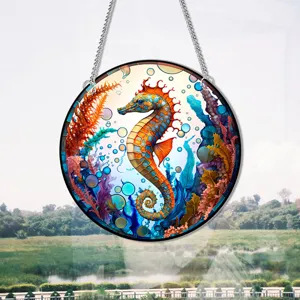 Colorful seahorse stained glass window hanging decor home wall art ornament chain.