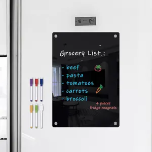 Clear black acrylic magnetic grocery list dry erase memo board with colorful pens for kitchen fridge