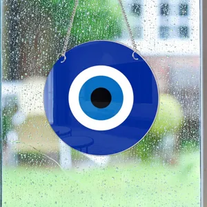 Evil Eye glass hanging ornament, traditional blue wall decor with metal chain for home window.