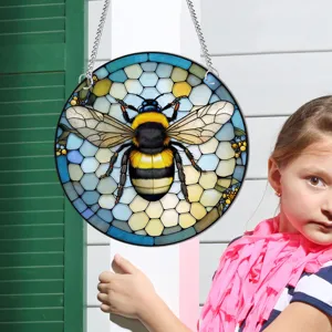 Stained glass bee hanging suncatcher window decoration exquisite home decor detail