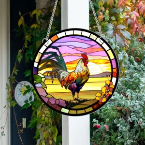 Stained glass rooster window hanging detail, vibrant colorful sun catcher decor piece.