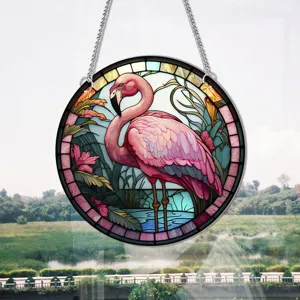 Stained glass flamingo window hanging, colorful round home decor wall art with metal chain.