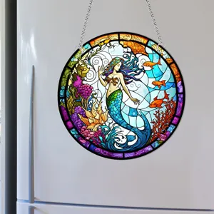 Round stained glass mermaid hanging decoration with vibrant underwater ocean art for home decor.