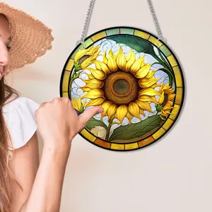 Sunflower stained glass round hanging decoration, colorful floral wall art with chain.