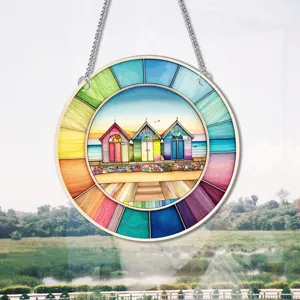 Colorful beach huts hanging wall decor with vibrant circular rainbow glass style frame accent.
