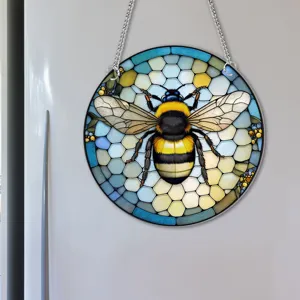 Stained glass style bumblebee round hanging wall decor detail closeup colorful honeycomb art