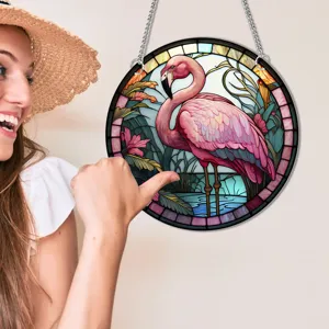 Stained glass flamingo hanging ornament for home wall and window decoration indoor art