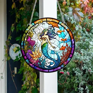 Stained glass mermaid hanging ornament, colorful marine life design for home wall decor.