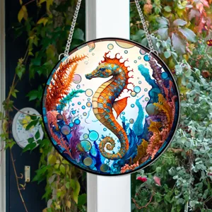 Round seahorse stained glass hanging ornament vibrant colorful window panel home wall decor