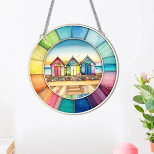 Colorful beach hut hanging decoration round stained glass wall art home decor pendant