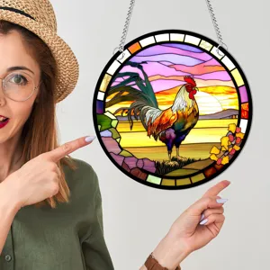 Stained glass rooster hanging window panel colorful sunrise wall art home decor for indoor.
