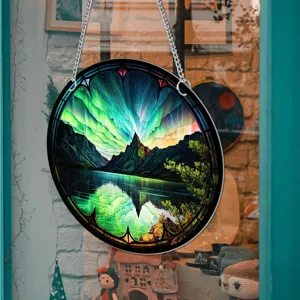 Aurora borealis circular hanging ornament, stained glass style window decor, home wall art.