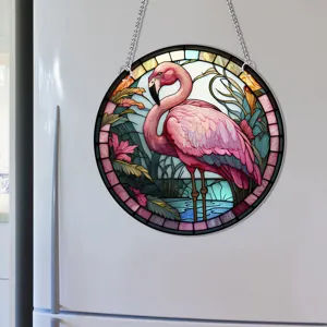 Stained glass flamingo hanging wall decor circular art piece for home room decoration