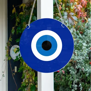 Turkish evil eye wall hanging decor, blue mirror acrylic round sign with chains for home.