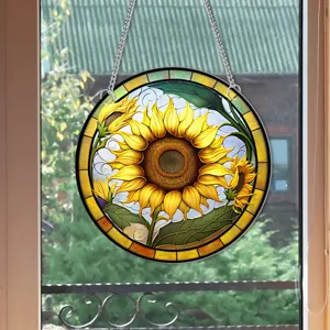 Stained glass sunflower hanging decoration window ornament detailed view showing vibrant colors.