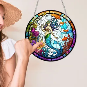 Round mermaid stained glass hanging suncatcher colorful ocean wall decor for home and room