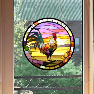 Stained glass rooster hanging ornament detail, colorful window decor suncatcher panel.