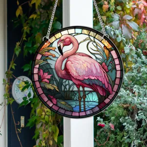 Round stained glass flamingo hanging ornament with metal chain for home wall and window decor.