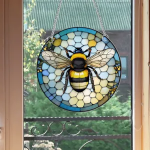 Stained glass bumblebee window hanging suncatcher home decor round art ornament