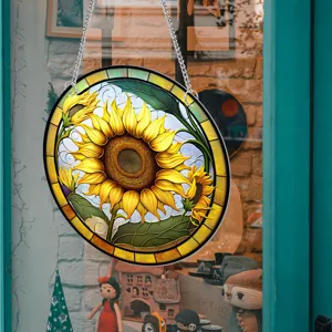 Detailed shot of the colorful sunflower stained glass hanging sign with metal chains.