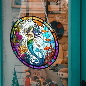 Stained glass mermaid hanging decoration circular wall art home decor with chain