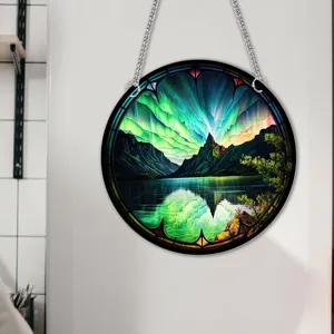 Round aurora stained glass hanging wall decor with metal chains for home interior aesthetic.