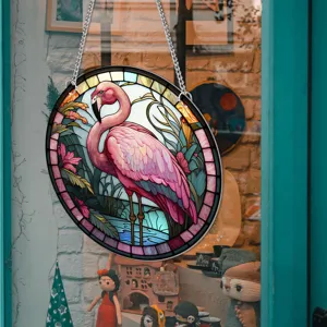 Stained glass style flamingo hanging ornament, colorful animal wall art decor detail.